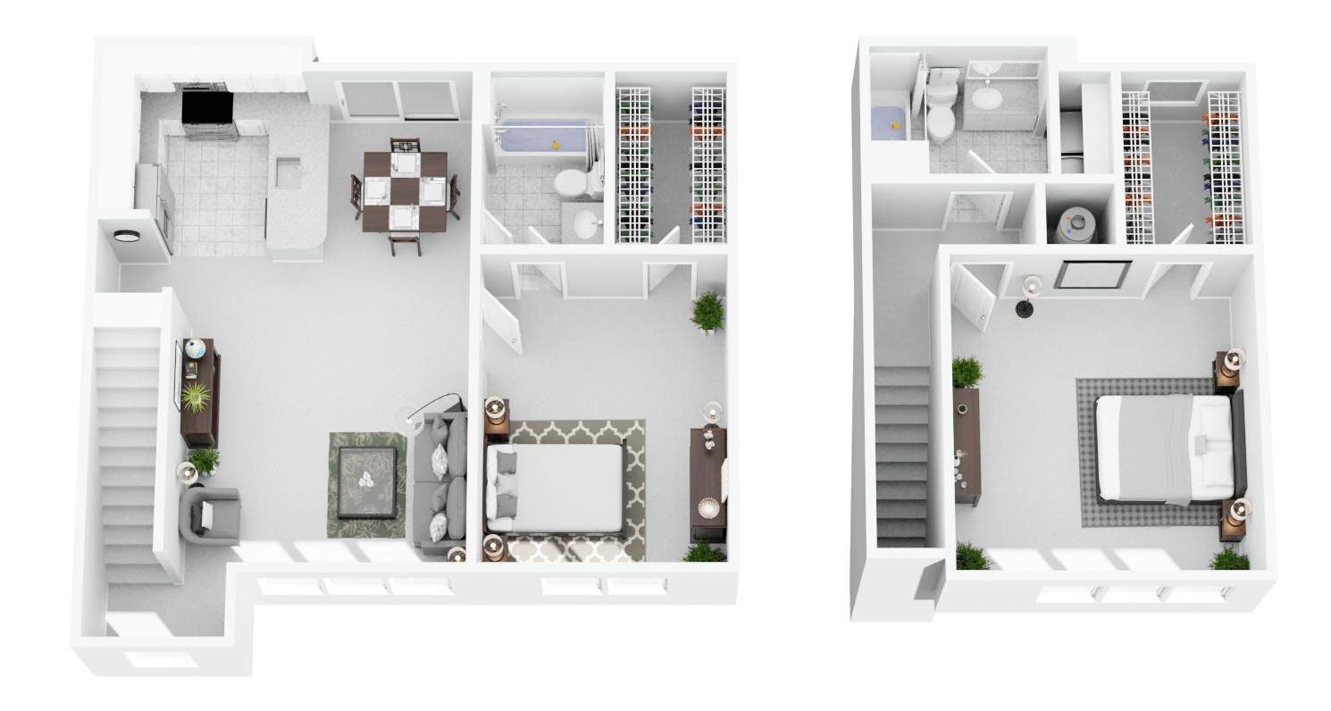 Two floor plans of a house with a kitchen